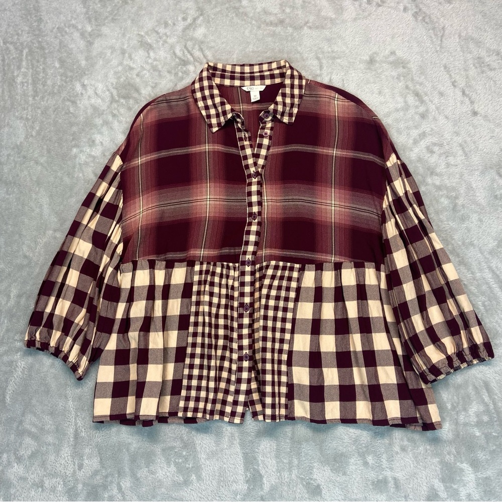 New Cato Women’s Hi-low Checkered Plaid Layered Button Up Blouse Maroon Size M